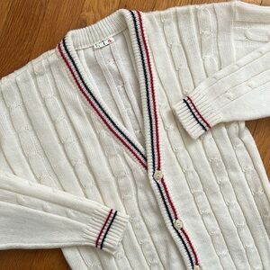 Vintage Cream Cardigan with Red and Black Trim